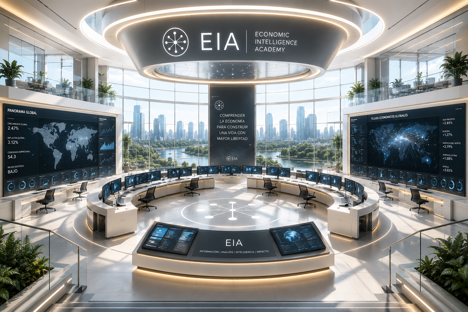 Centro de inteligencia económica EIA con pantallas de datos globales